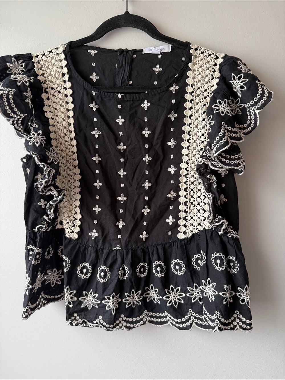 Anthropologie Monogram Black Top with Cream Embroidery Lace Trim cotton M